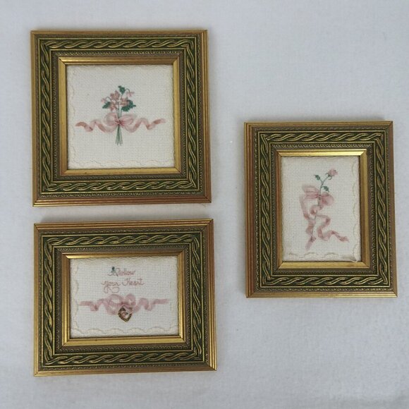 Cross Stitch Pictures Framed Floral Miniature Small Hand Made Vintage Lot of 3 - Picture 1 of 7
